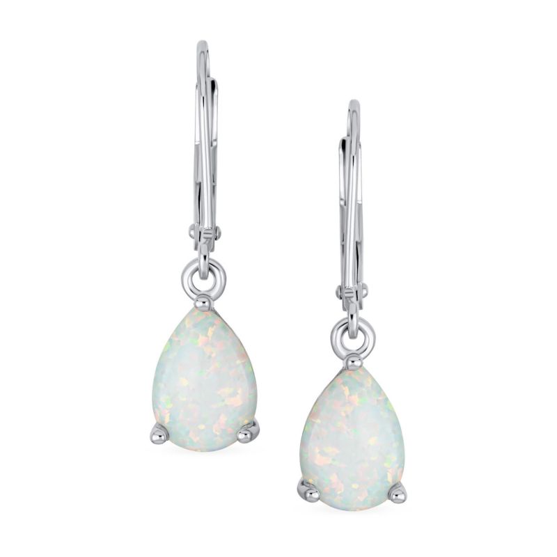White Opal Teardrop Dangle Earrings .925 Sterling Silver Lever back