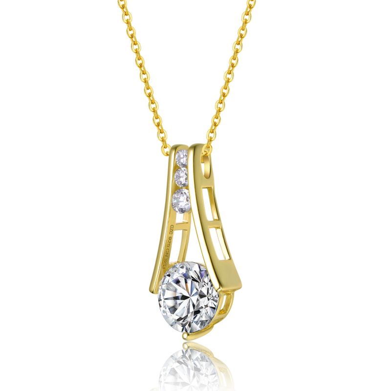 Sterling Plated and Clear Cubic Zirconia Round Spring Ring Pendant Necklace