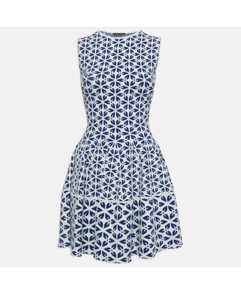 Women's White/blue Floral Pattern Stretch Knit Mini Dress