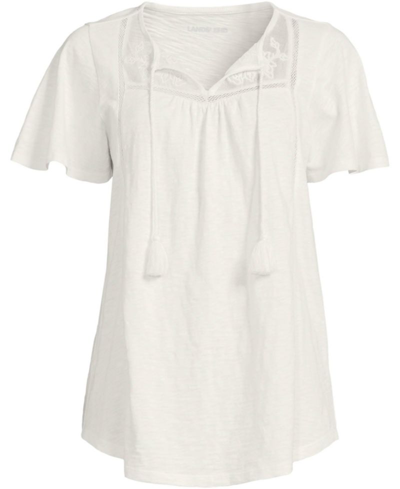 Women's Slub Flutter Sleeve Lace Trim Notch Neck Tunic Top