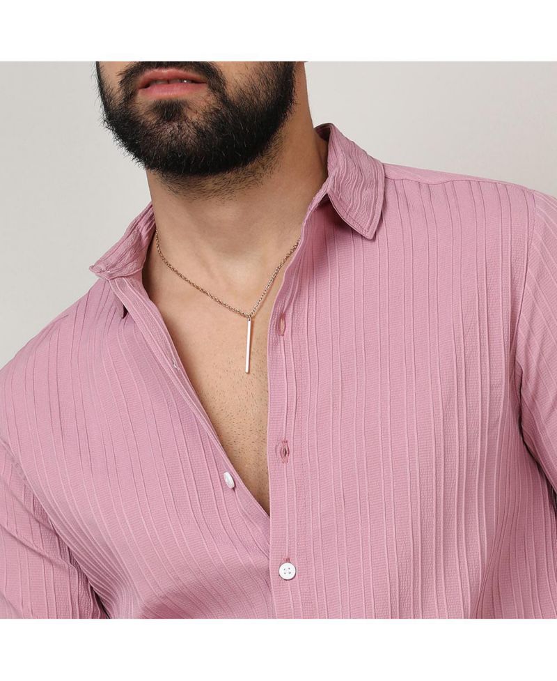 Men's Salmon Pink Self-Design Striped Shirt