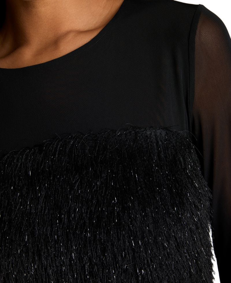 Women's Mesh and Lurex Fringe Long-Sleeve Pullover