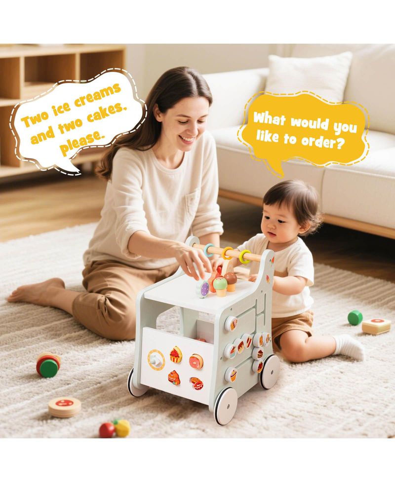 Wooden Baby Walker Ice Cream Cart Toy with Sweet Accessories & Smooth Wheels