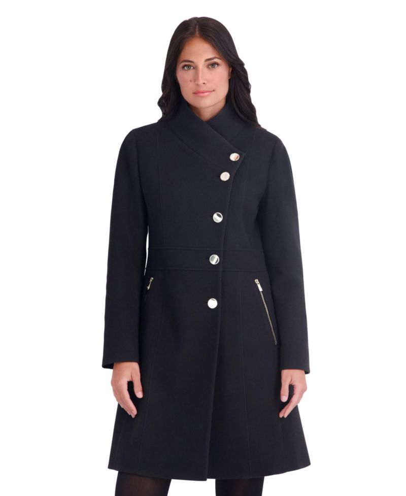 Women's Faux Wool Pea Coat With Asymmetrical Button Formation