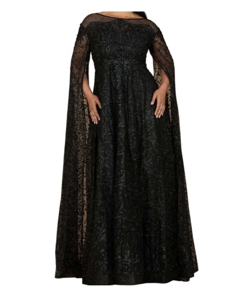 Women's Lace Gown with Dramatic Cape Sleeves