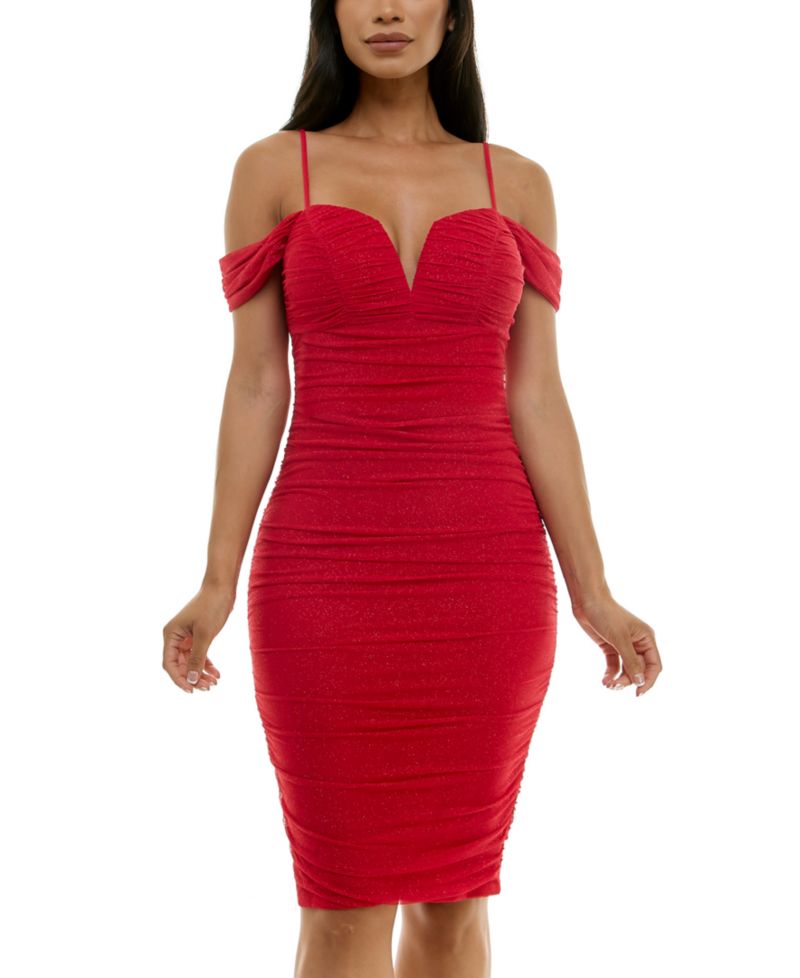 Juniors' Cold-Shoulder Glitter-Mesh Ruched Dress