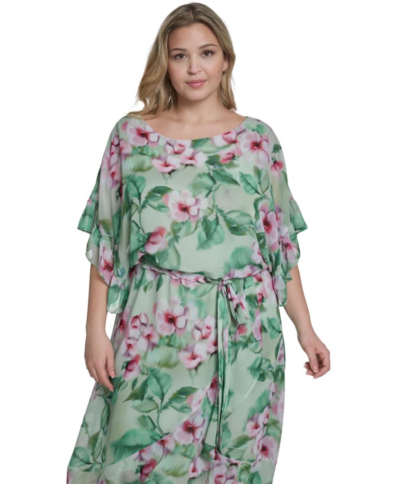 Plus Size Boat Neck Ruffle-Sleeve Dress
