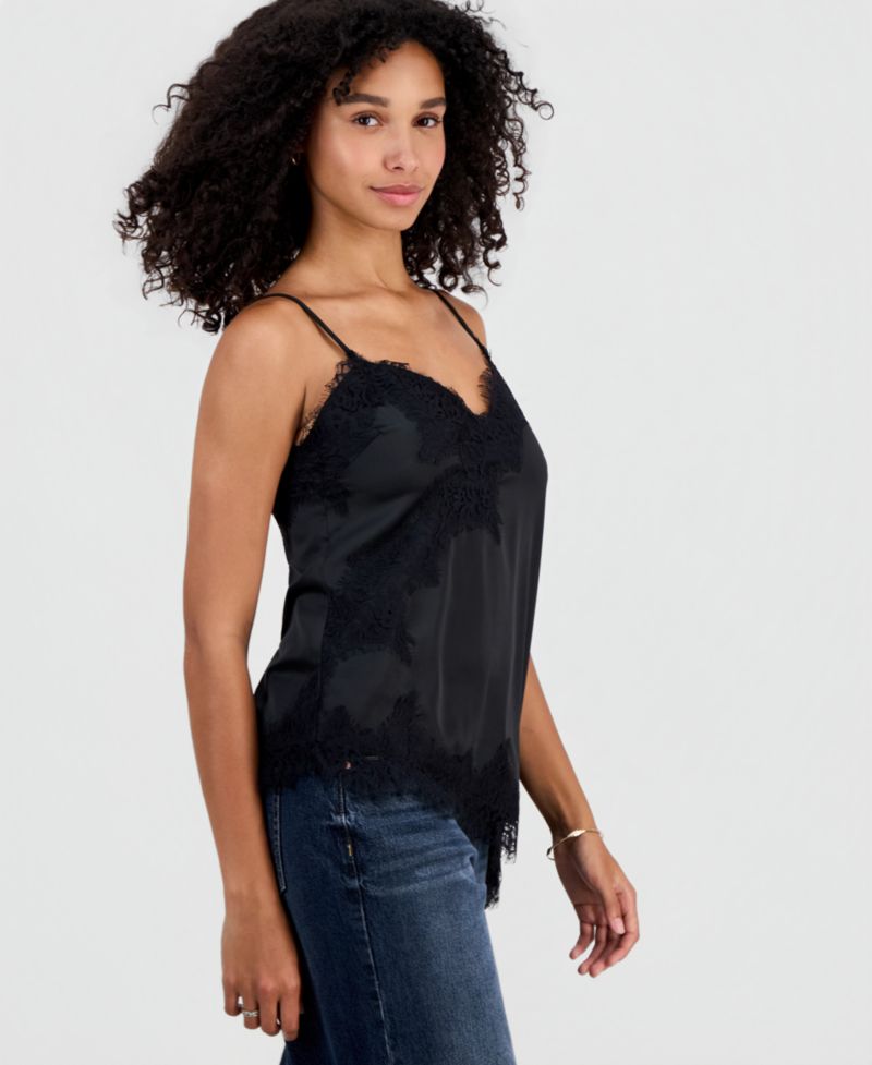 Juniors' Satin Lace-Trim Asymmetric Cami