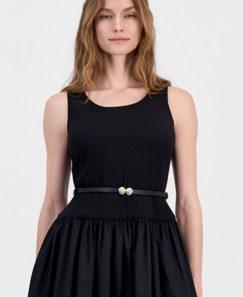 Petite Dropped-Waist Scoop-Neck Belted Dress