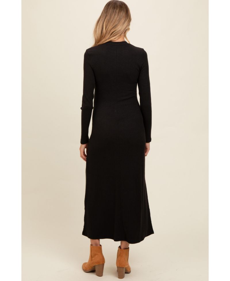 Women's Mocha Ribbed Knit Side Slit Midi Dress