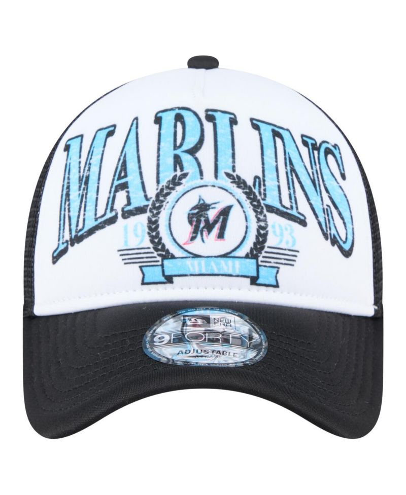 Men's Black Miami Marlins Distressed 9FORTY A-Frame Adjustable Trucker Hat