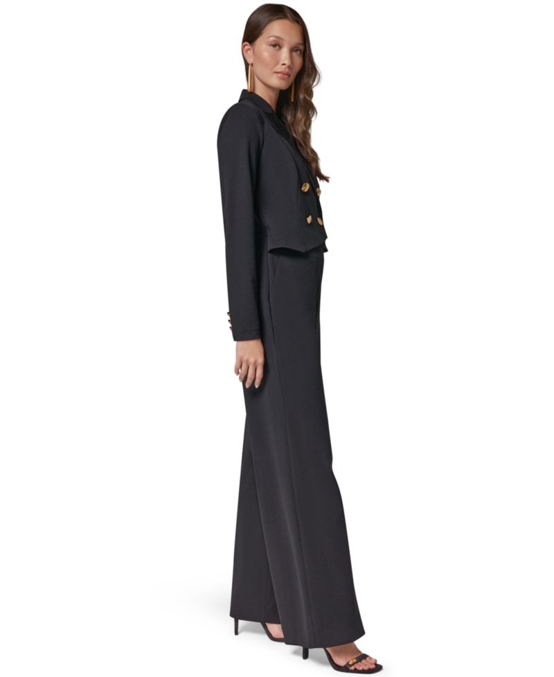 Women's Satin Lapel Long-Sleeve Double-Breasted Wide-Leg Jumpsuit