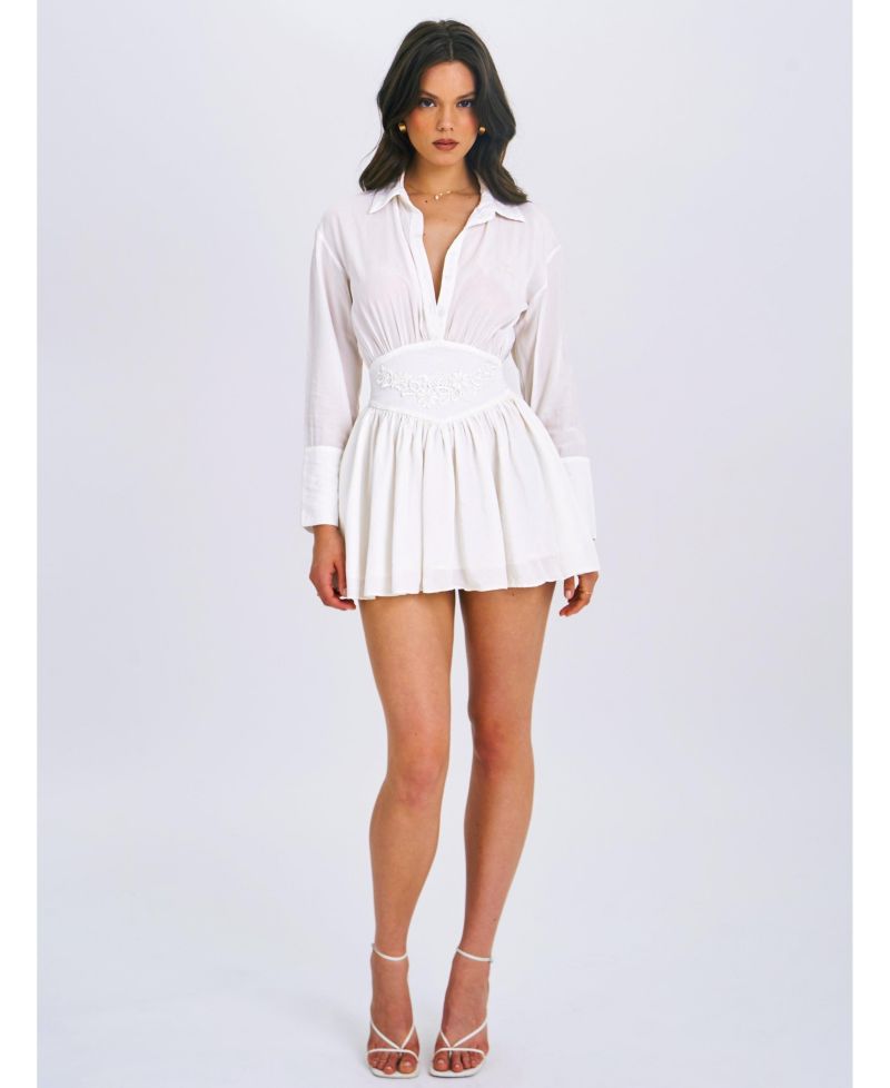 Women's Jamila White Shirt Mini Dress with Embroidered Waist Detail