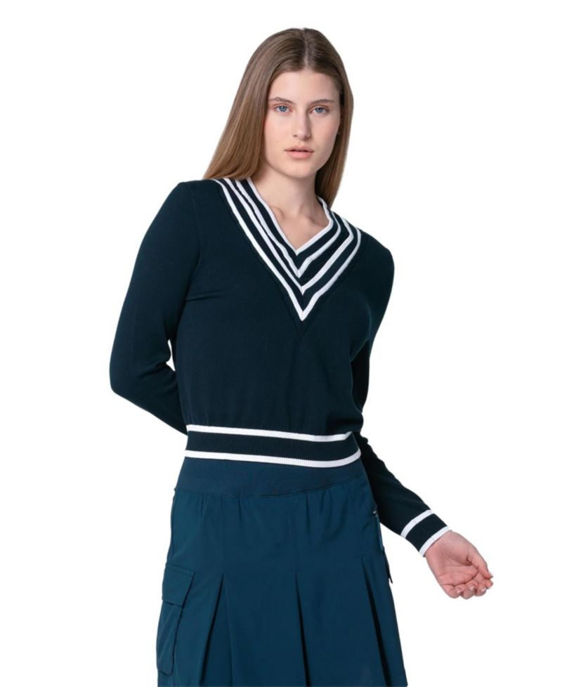 Women's Victory V-Neck Cable-Stripe Cotton Sweater