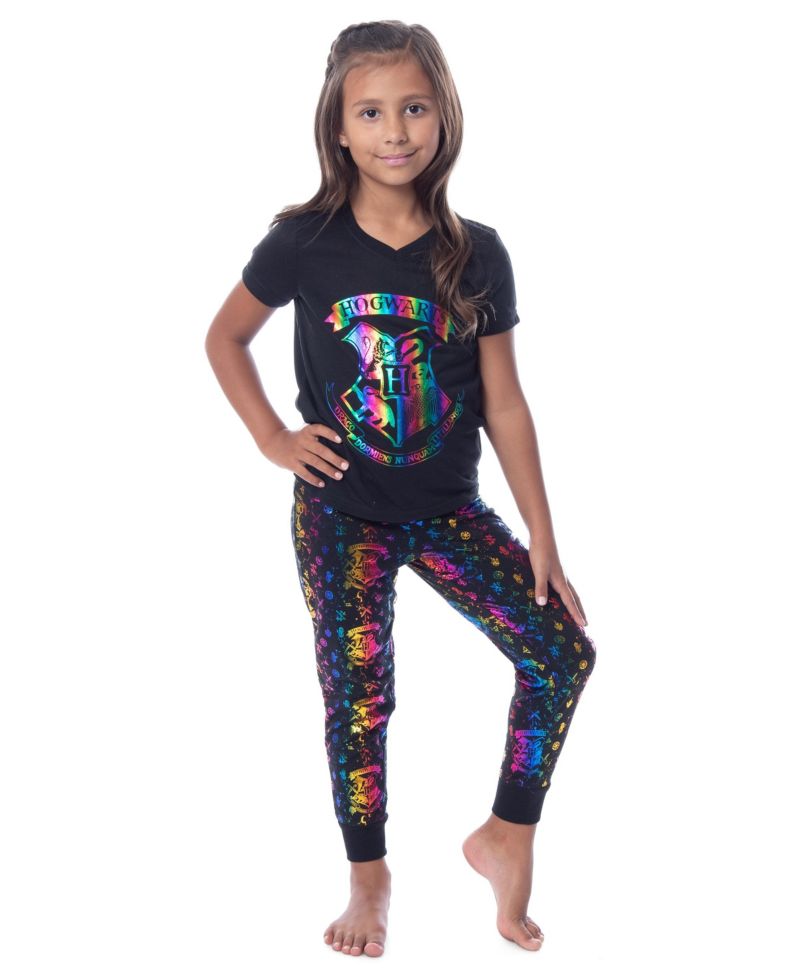 Girls' Kids Rainbow Foil Hogwarts Crest 2PC Lounge Pajama Jogger Pant Set Sleepwear