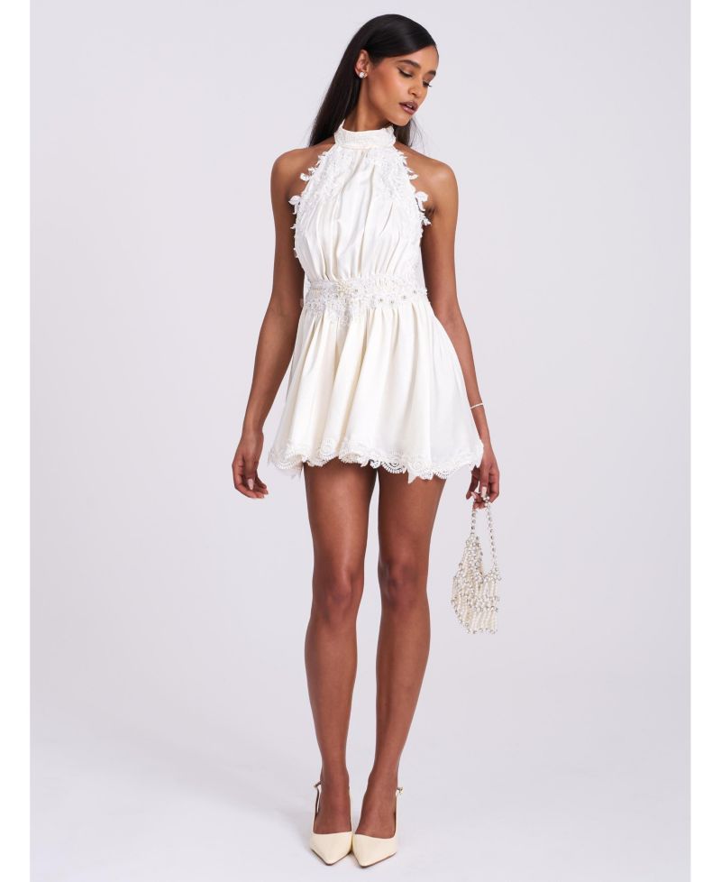 Women's Idalia Beaded Lace Trim Backless Halter Mini Dress