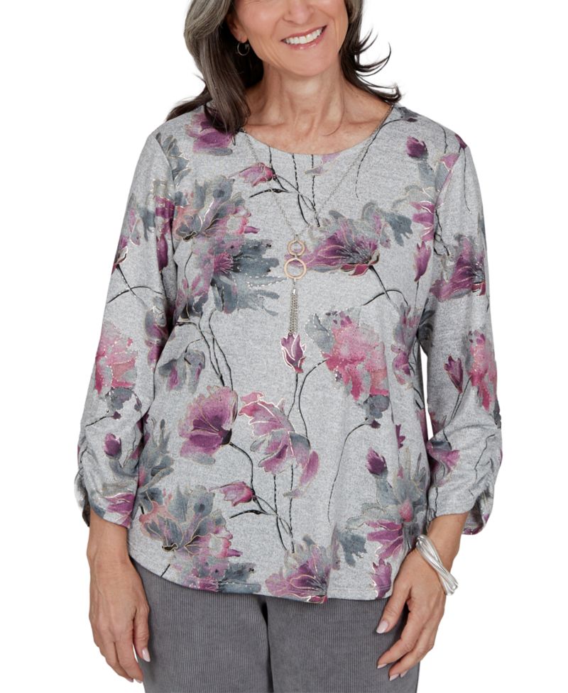 Petite Floral-Print 3/4-Sleeve Curved-Hem Blouse