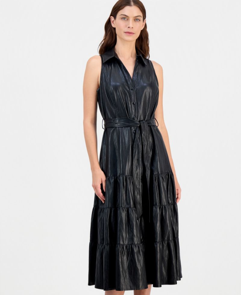 Women's Faux-Leather Tie-Waist Tiered Maxi Dress