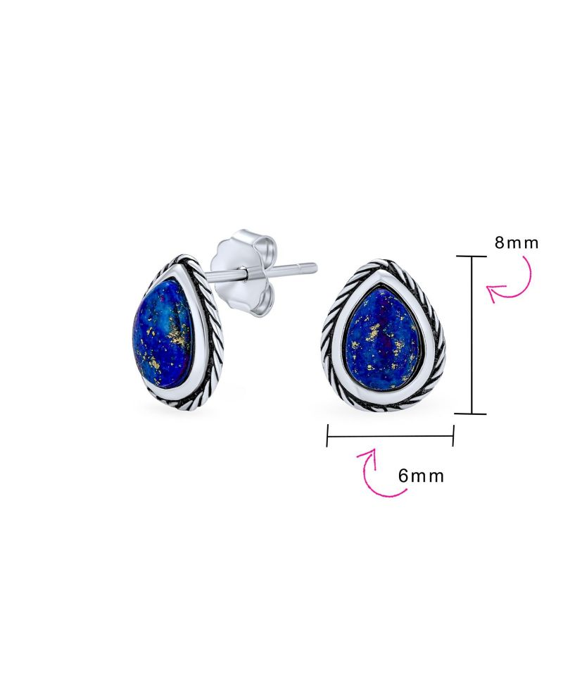 Bali Style Bezel Set Blue Lapis Teardrop Stud Earrings .925 Sterling Silver