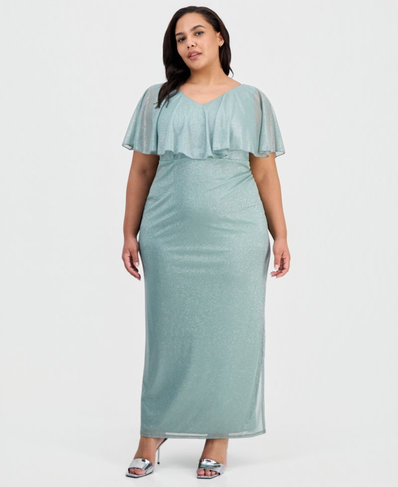 Plus Size Cape-Overlay V-Neck Glitter Dress