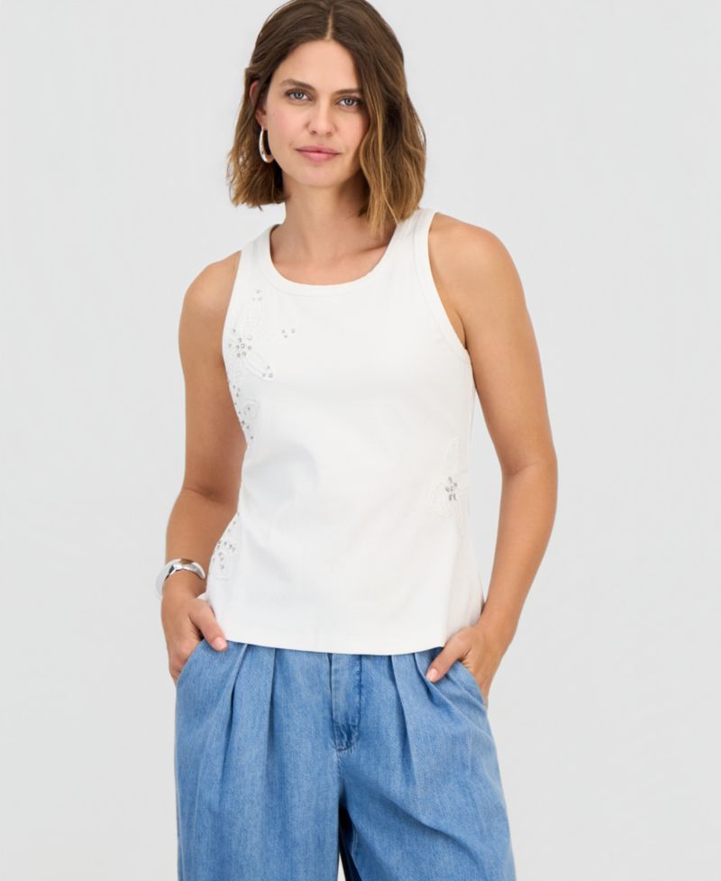 Women's Crochet & Crystal Embellished Trim Tank Top