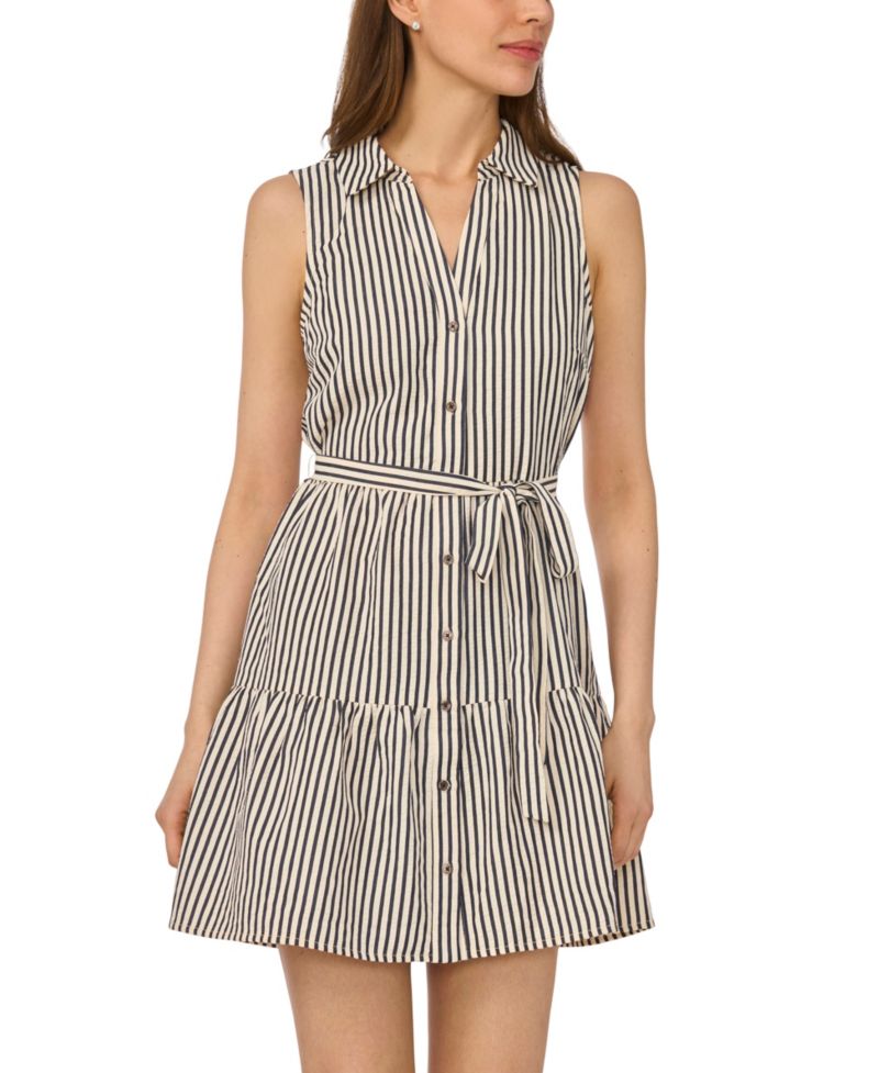 Women's Collared Button-Down Tiered Tie-Waist Mini Dress