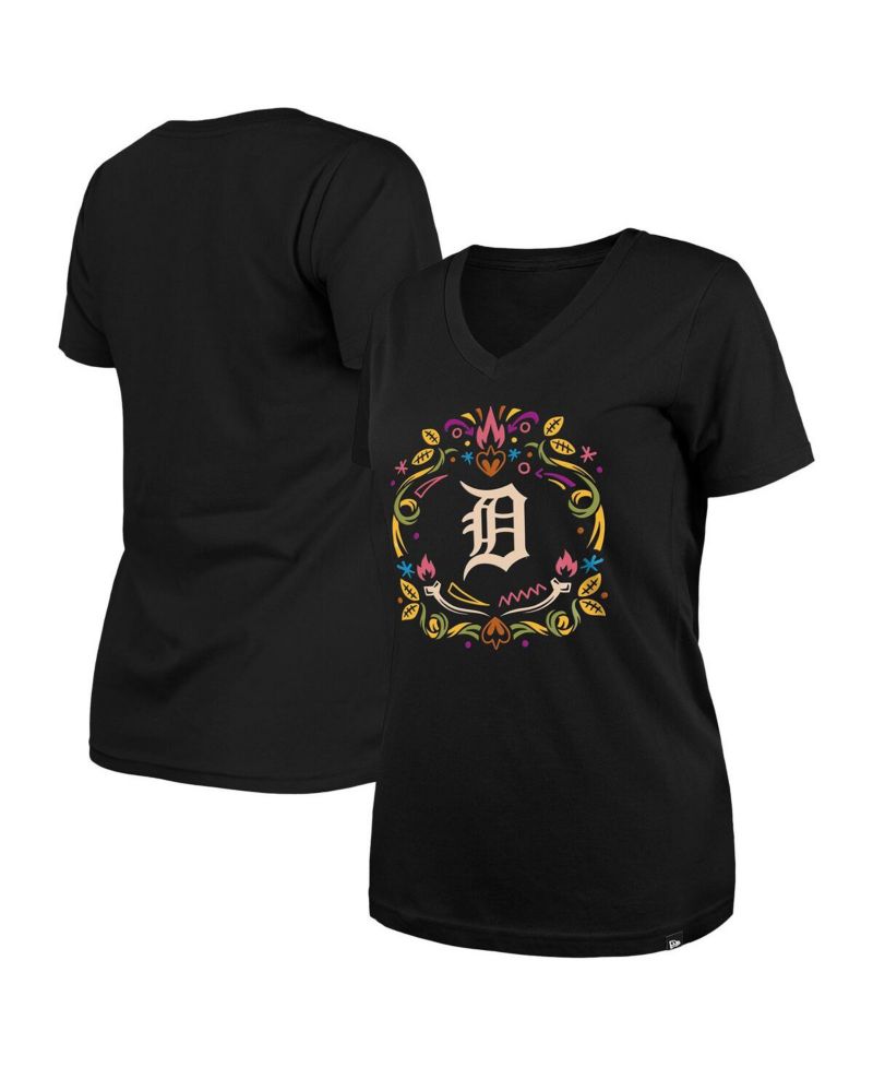 Women's Black Detroit Tigers Día De Los Muertos V-Neck T-Shirt