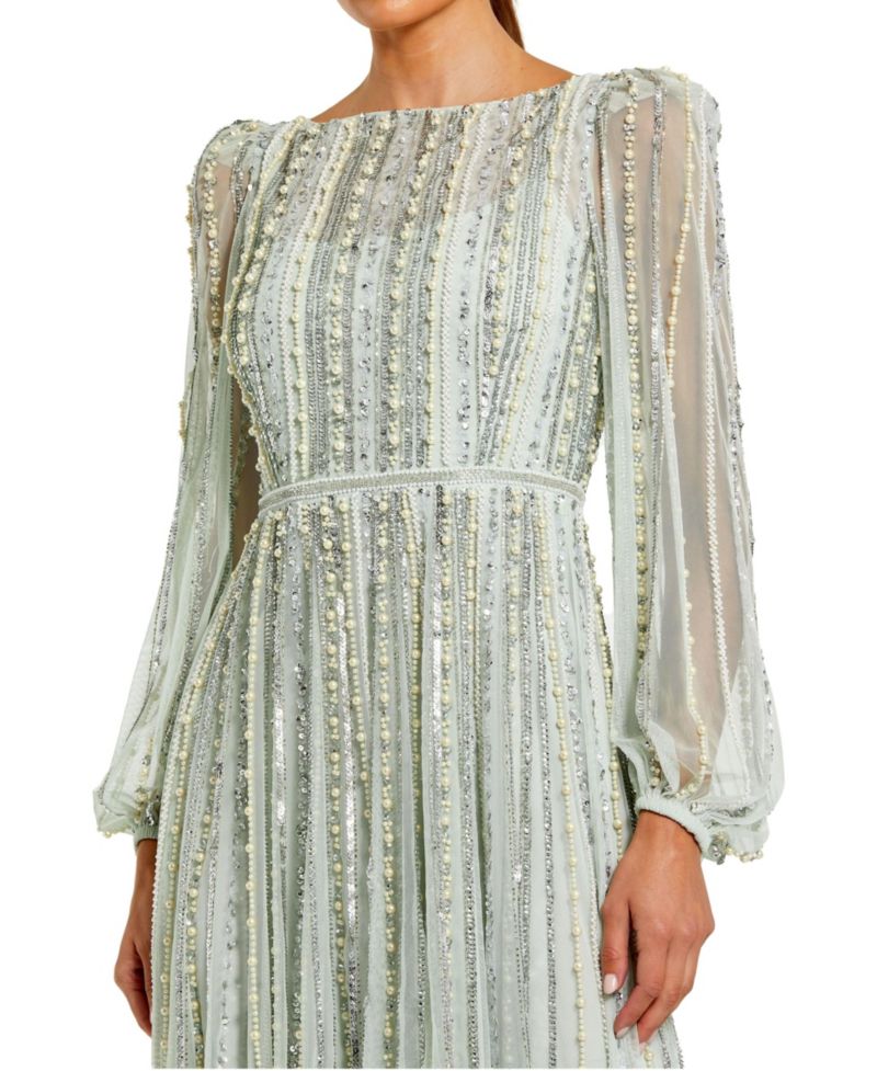 Women's Embellished Long Sleeve A-Line Evening Gown