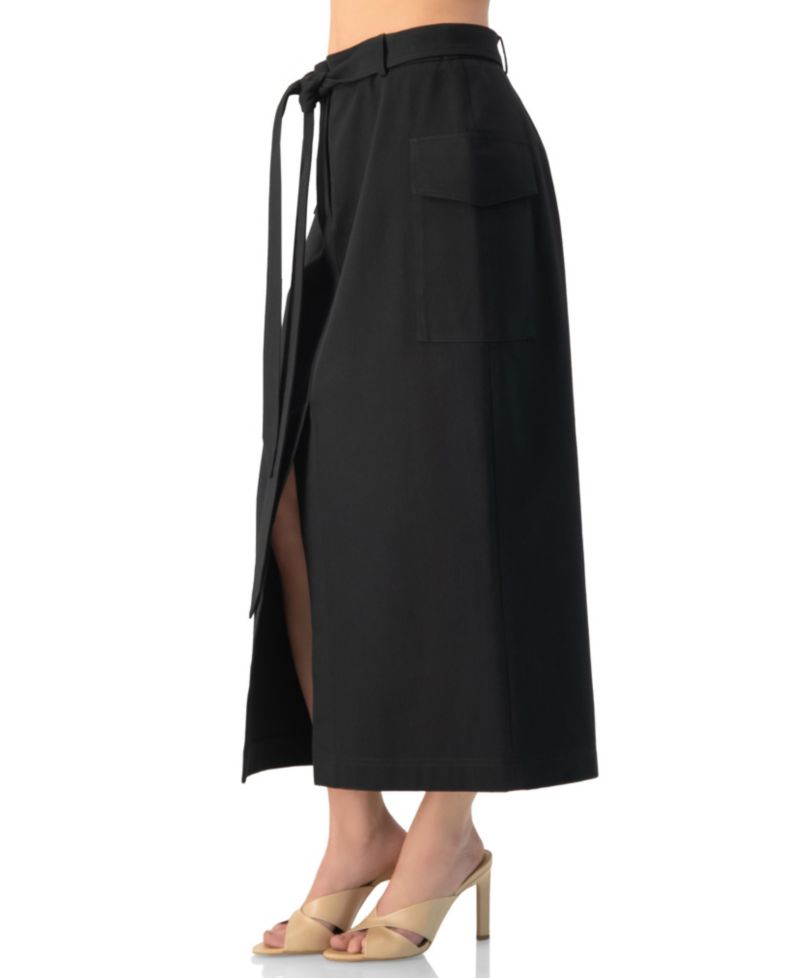 Women's High-Waisted Belted Side-Slit Midi Skirt