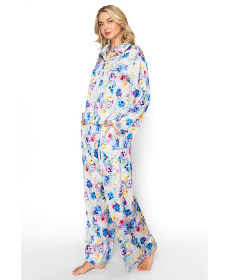 Women's Floral-Print Satin Long-Sleeve Pajama Set