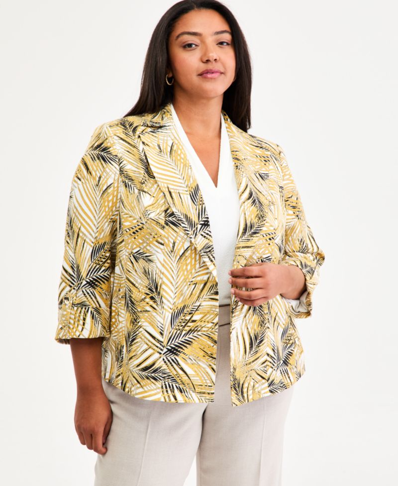 Plus Size Notch-Collar Cuff-Sleeve Open-Front Blazer