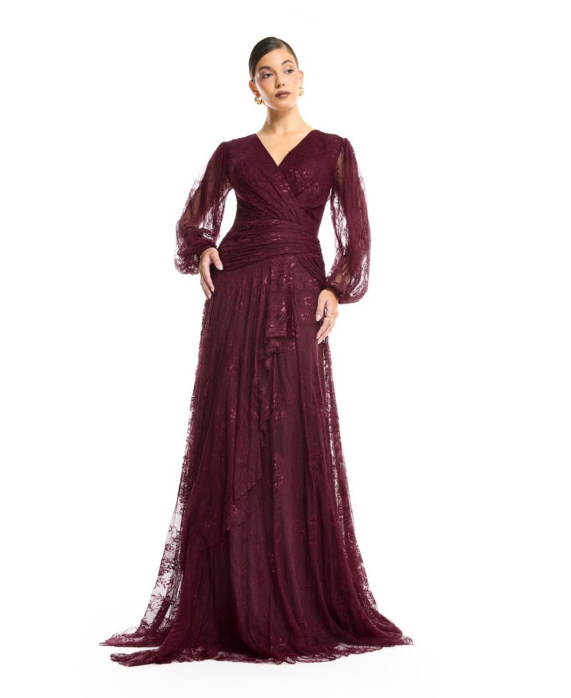 Women's Wrap Lace Gown with Sheer Sleeves - Tiered Ruffle Draped Evening Dress