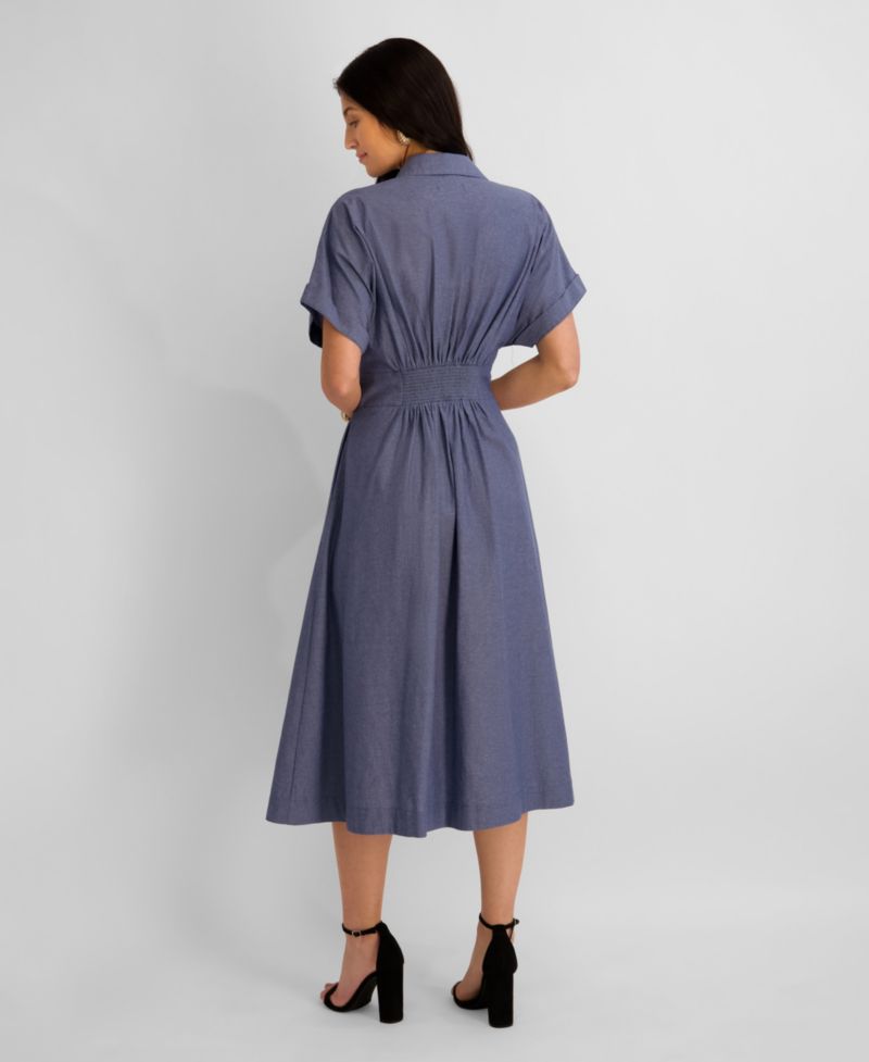Women's Button-Front Short-Sleeve Midi Shirt-Dress