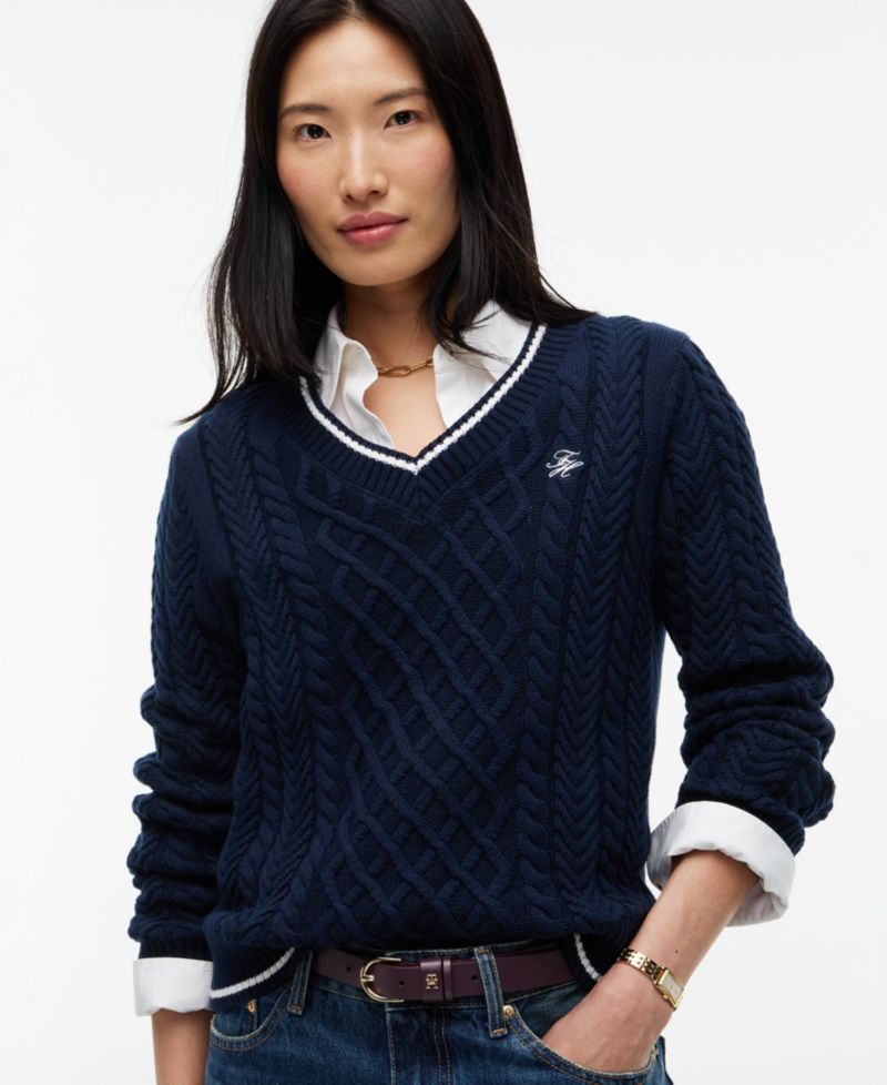 Women's Cable-Knit V-Neck Sweater