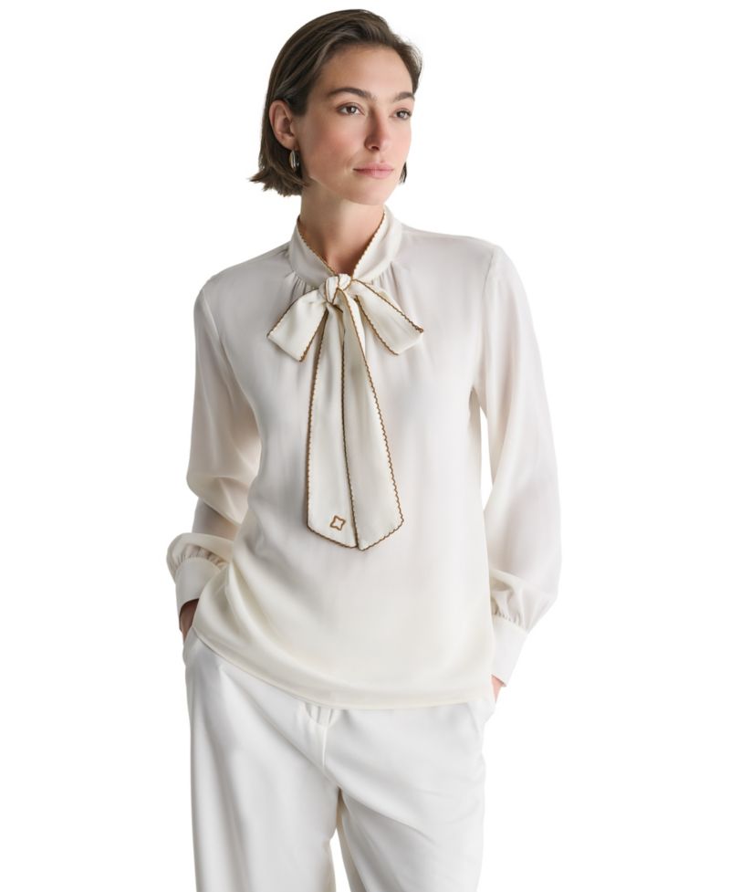 Women's Tie-Neck Embroidered Back-Keyhole Blouse