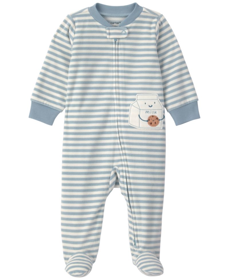 Boys' and Girls' Milk & Cookies 2-Way Zip Striped Fleece Sleep & Play Pajamas