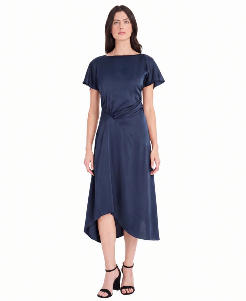 Women's Satin Asymmetrical Ruched Waist Midi Dress