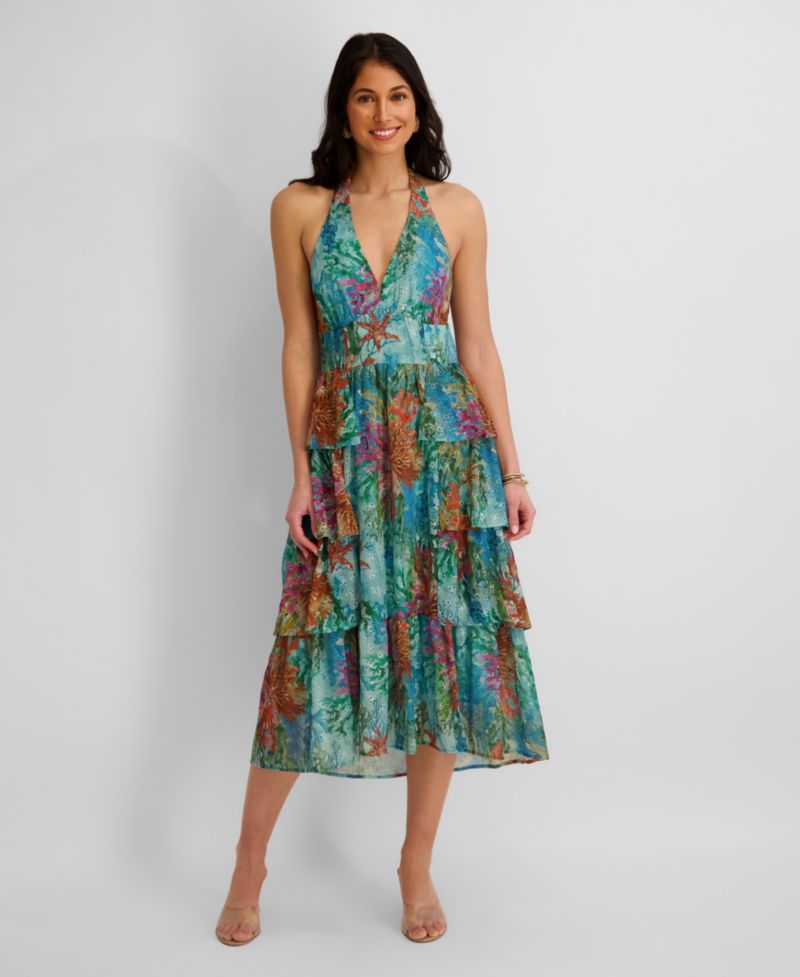Women's Printed Eyelet Woven Midi Dress