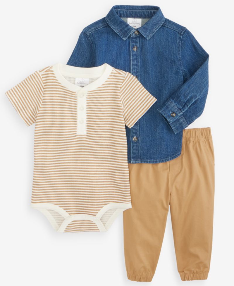 Baby Boys' 3M-24M Chambray Shirt, Striped Henley Bodysuit and Pants, 3-Piece Set