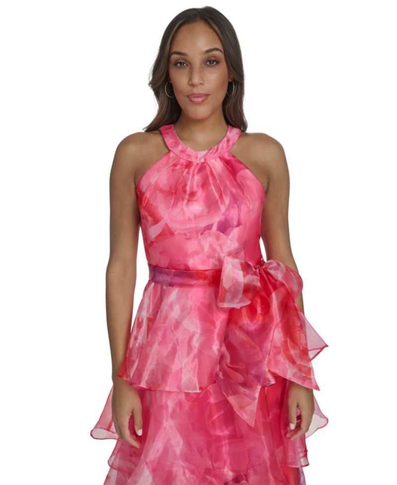 Petite Organza Halter Neck Tiered Skirt Gown