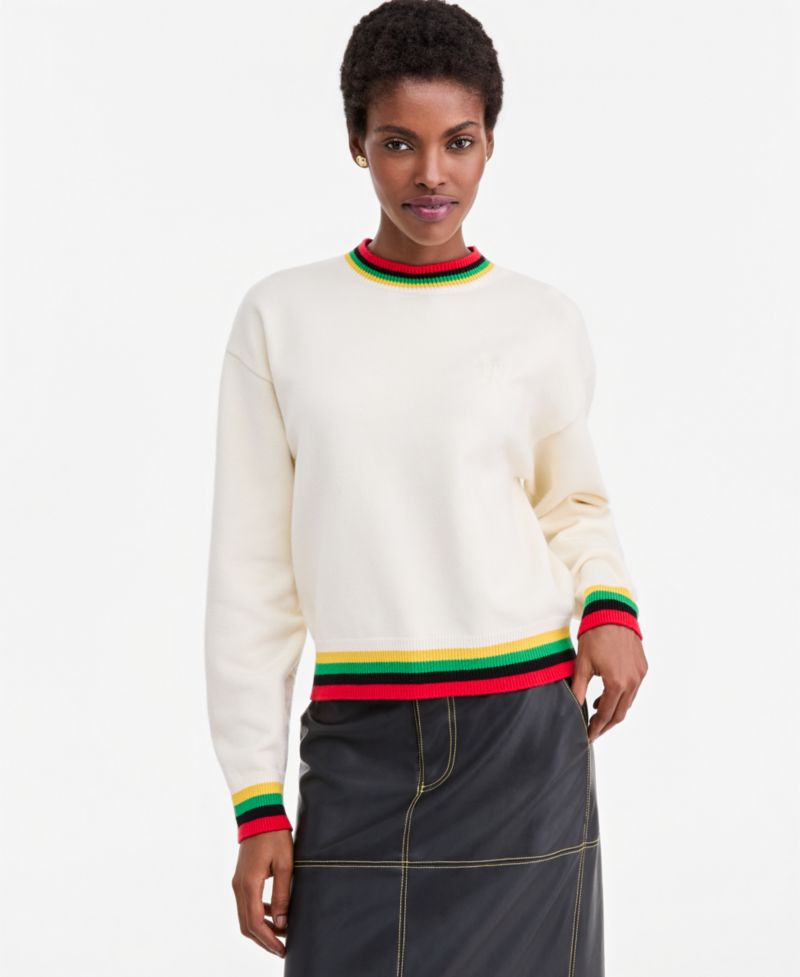 Women's Striped-Trim Crewneck Long-Sleeve Logo Sweater
