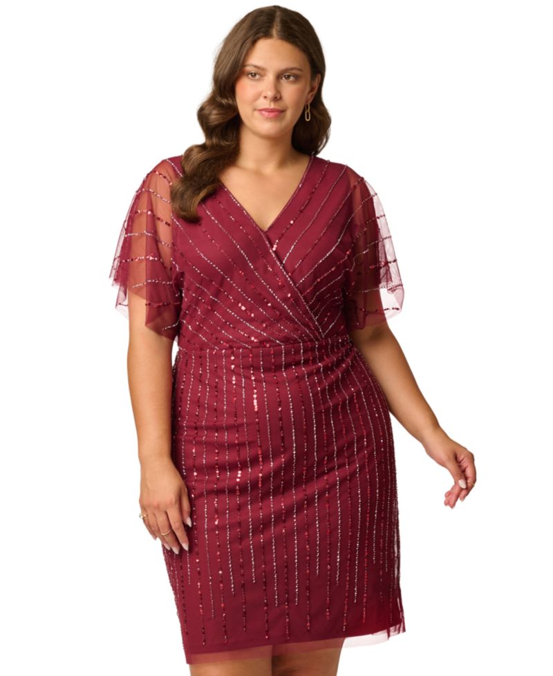 Plus Size Sequin Beaded Flutter-Sleeve Dress