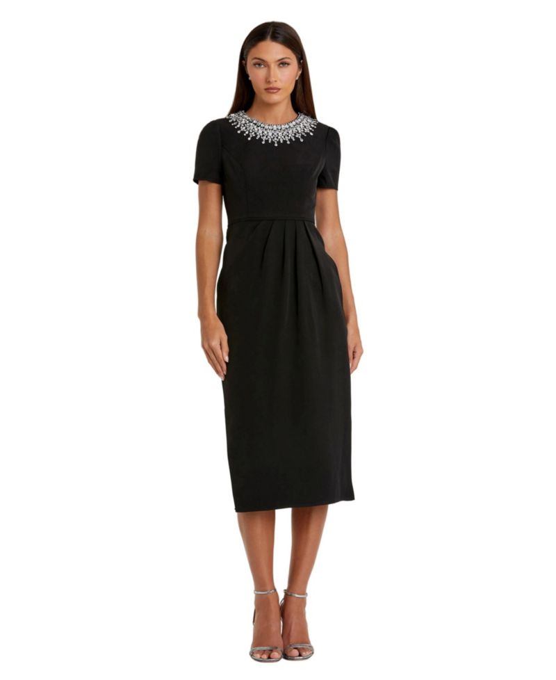 Petite Rhinestone-Embellished Midi High-Neckline Dress
