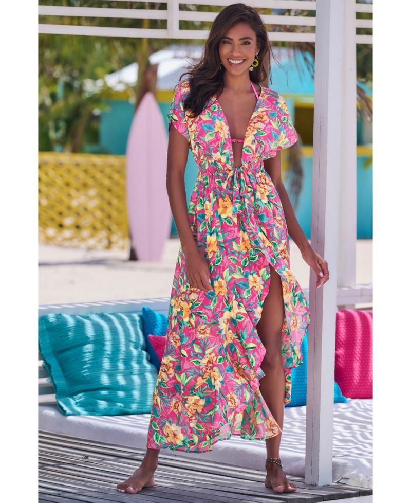 Women's Floral Print Flounce Hem Ruffle-Trim Swim Cover-Up