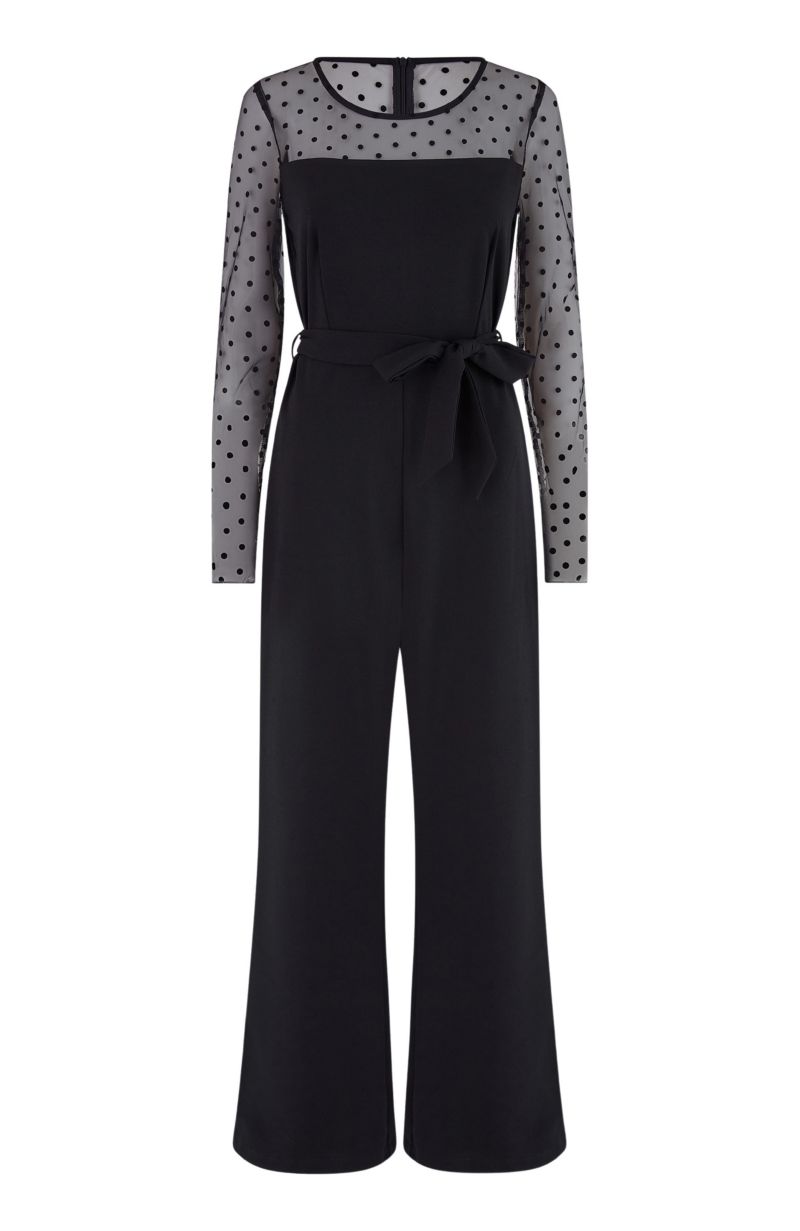 Women's Black Spot Mesh Stretch Jumpsuit