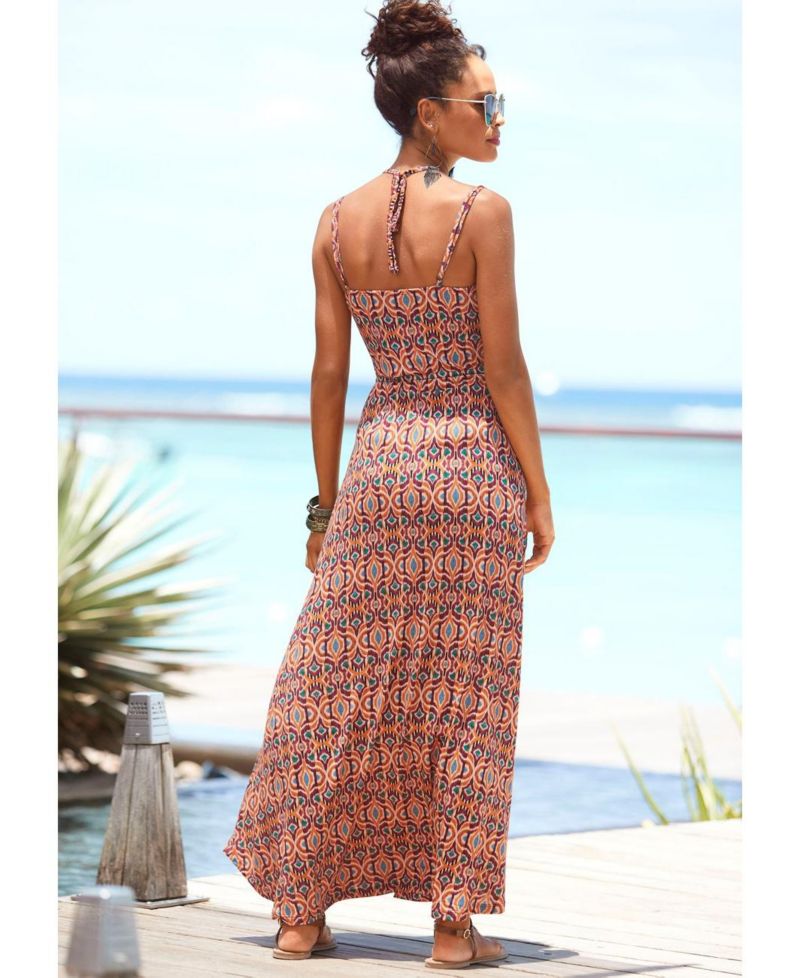 Women's Viscose Tropical Print Halterneck V-Neck Maxi Dress
