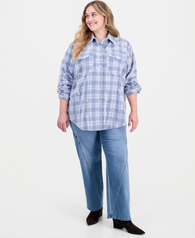 Trendy Plus Size Long-Sleeve Plaid Cord-Embroidered Blouse