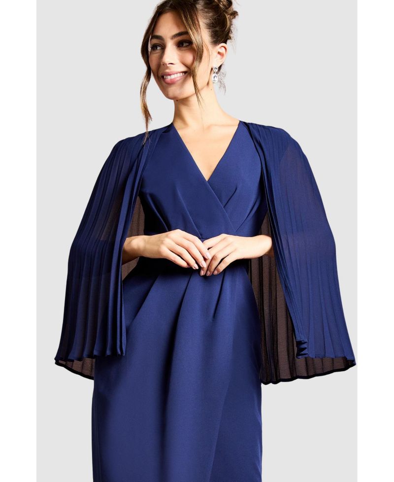 Women's Pleated Cape Detail Crepe Pencil Dress