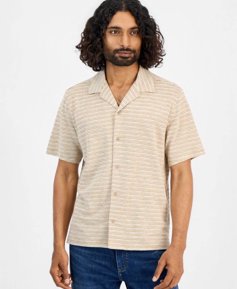Men's Short-Sleeve Wave Textured Camp Collar Shirt