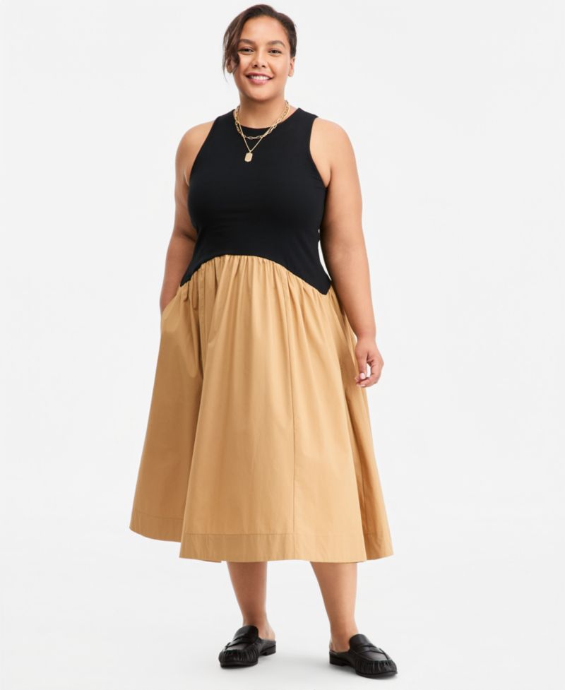 Women's Curved-Waist Mixed-Media Midi Dress
